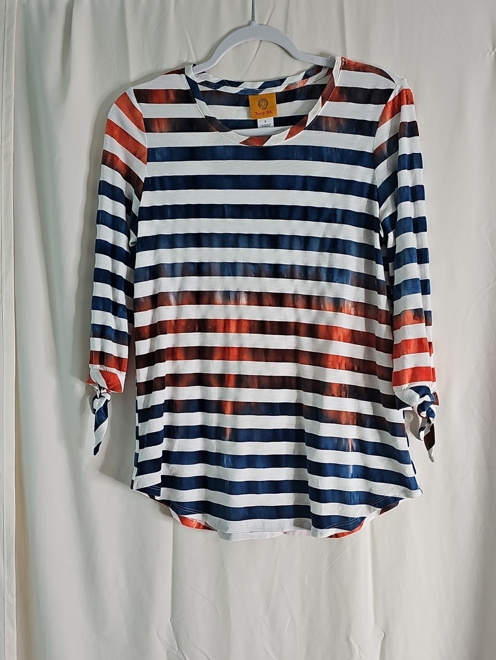 Ruby Rd. Navy & Red Striped Tie-Sleeve Long Sleeve Top